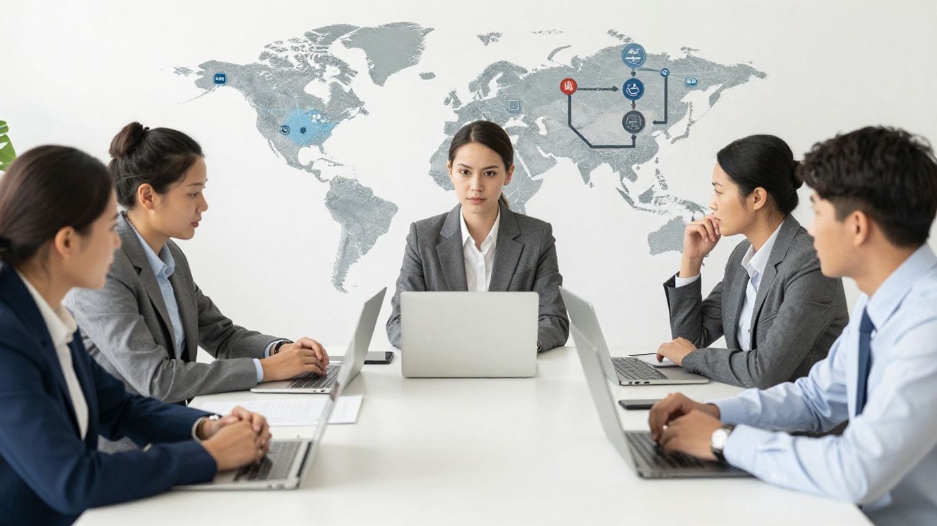 Business professionals discussing global supply chains and operations.