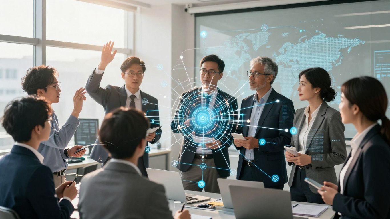 Business professionals analyzing global supply chains and emissions.
