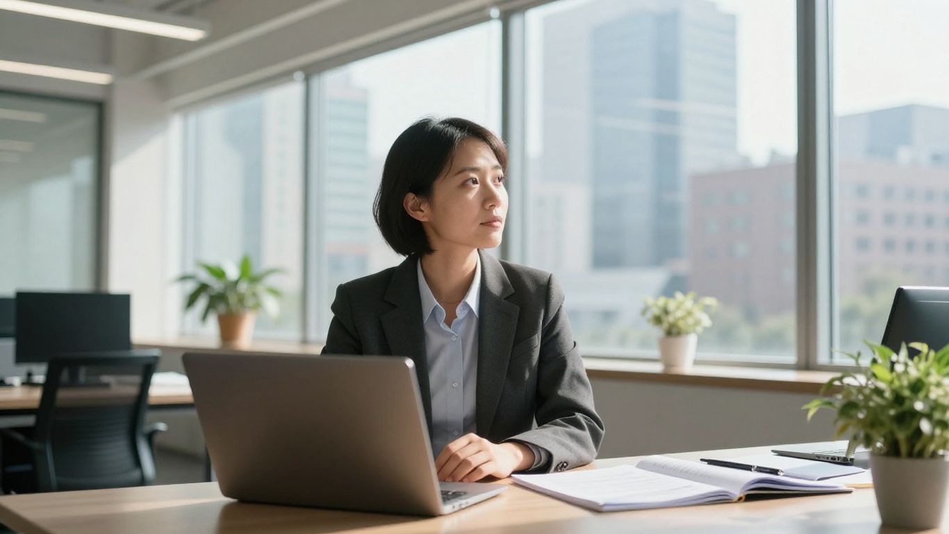 Business professional overlooking city, planning for sustainability.