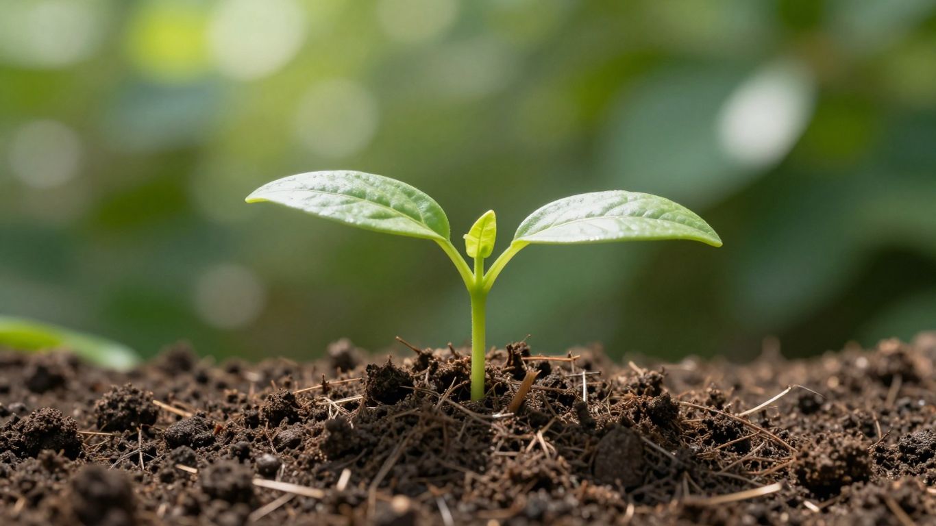 Green seedling growing from soil, symbolizing environmental growth.