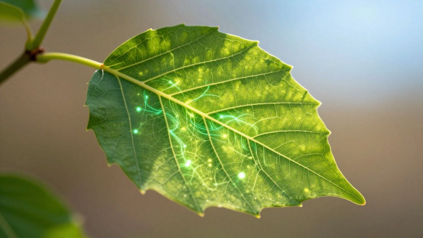 Green leaf with glowing data streams