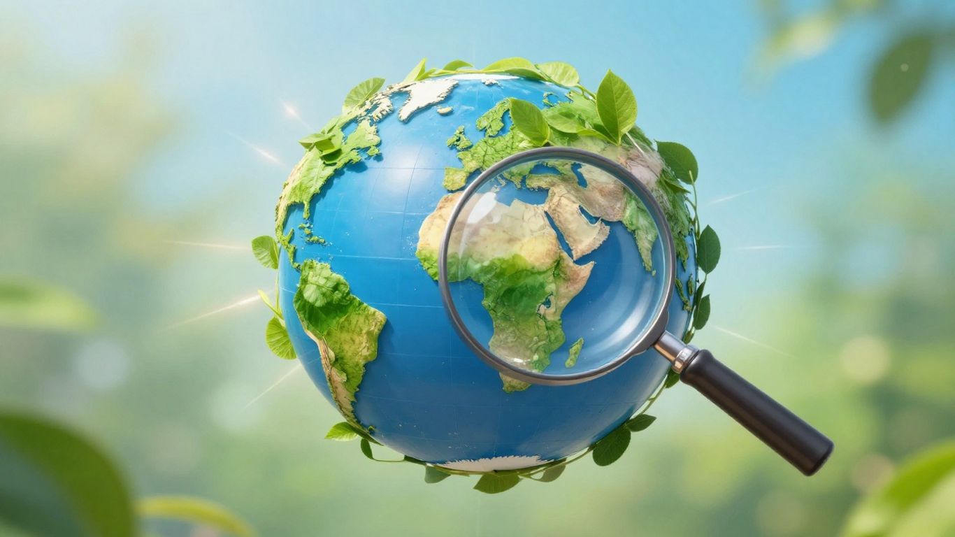 Globe with leaves and magnifying glass