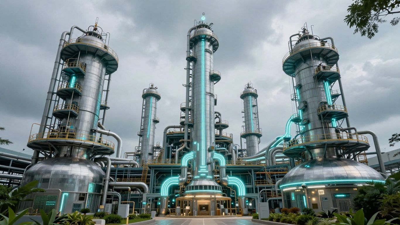 Futuristic facility capturing carbon dioxide from the air.