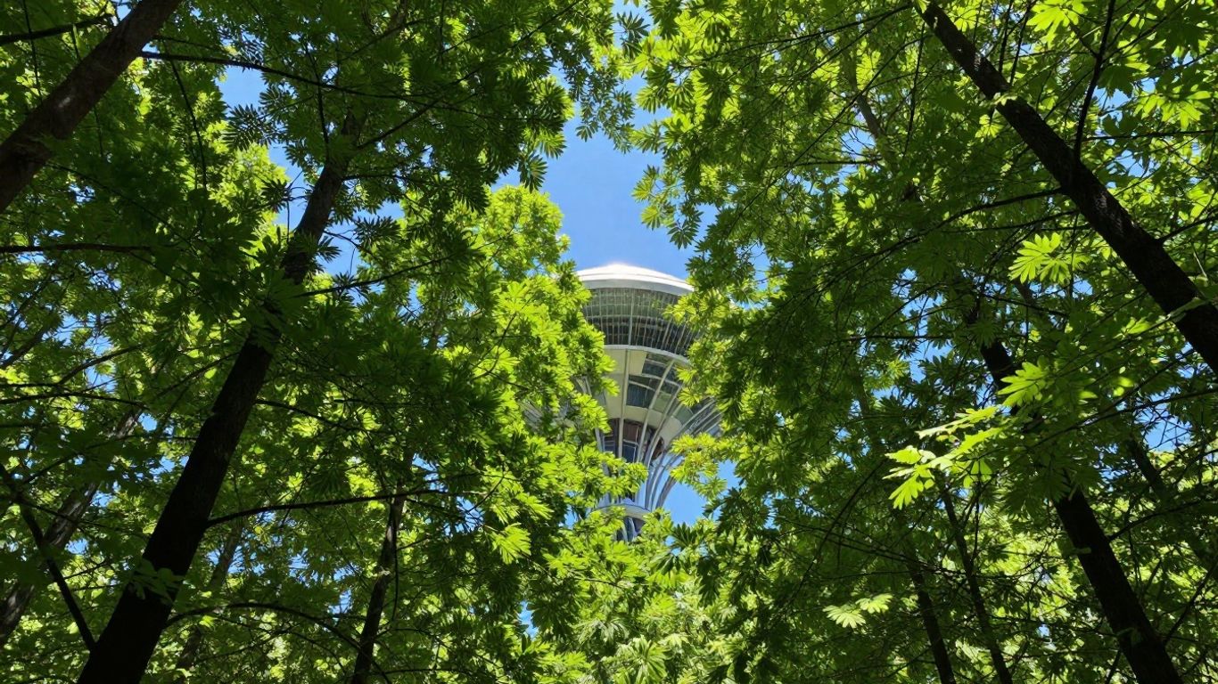 Futuristic carbon capture technology in a lush forest.