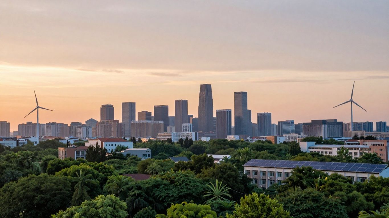 Cityscape with green buildings and renewable energy sources.