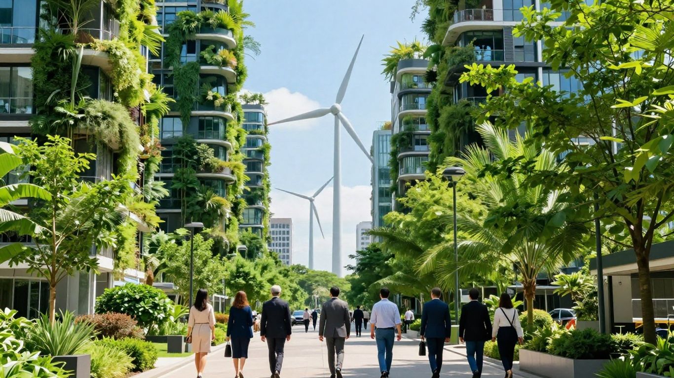 Sustainable city skyline with green buildings and wind turbines.
