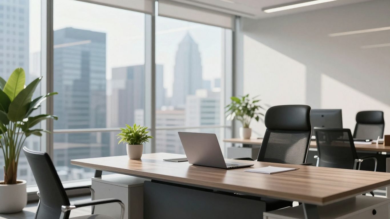 Corporate office with city view, laptop, and plant.
