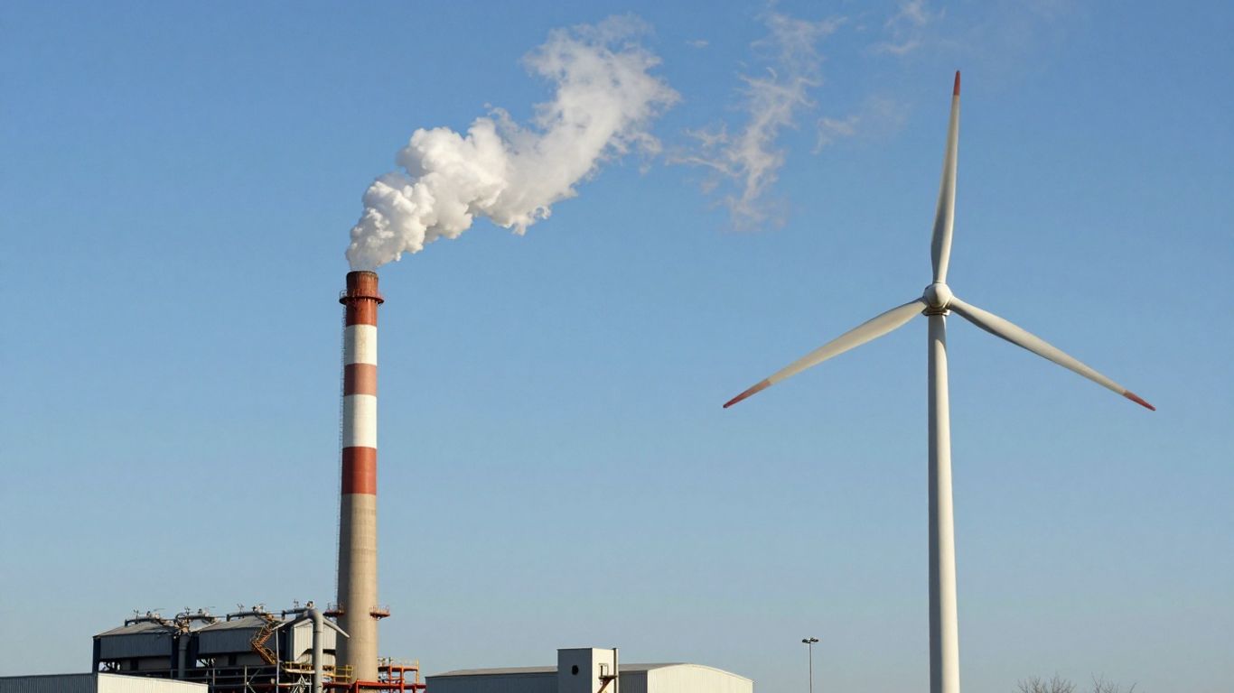 Factory smokestack and wind turbine against blue sky.