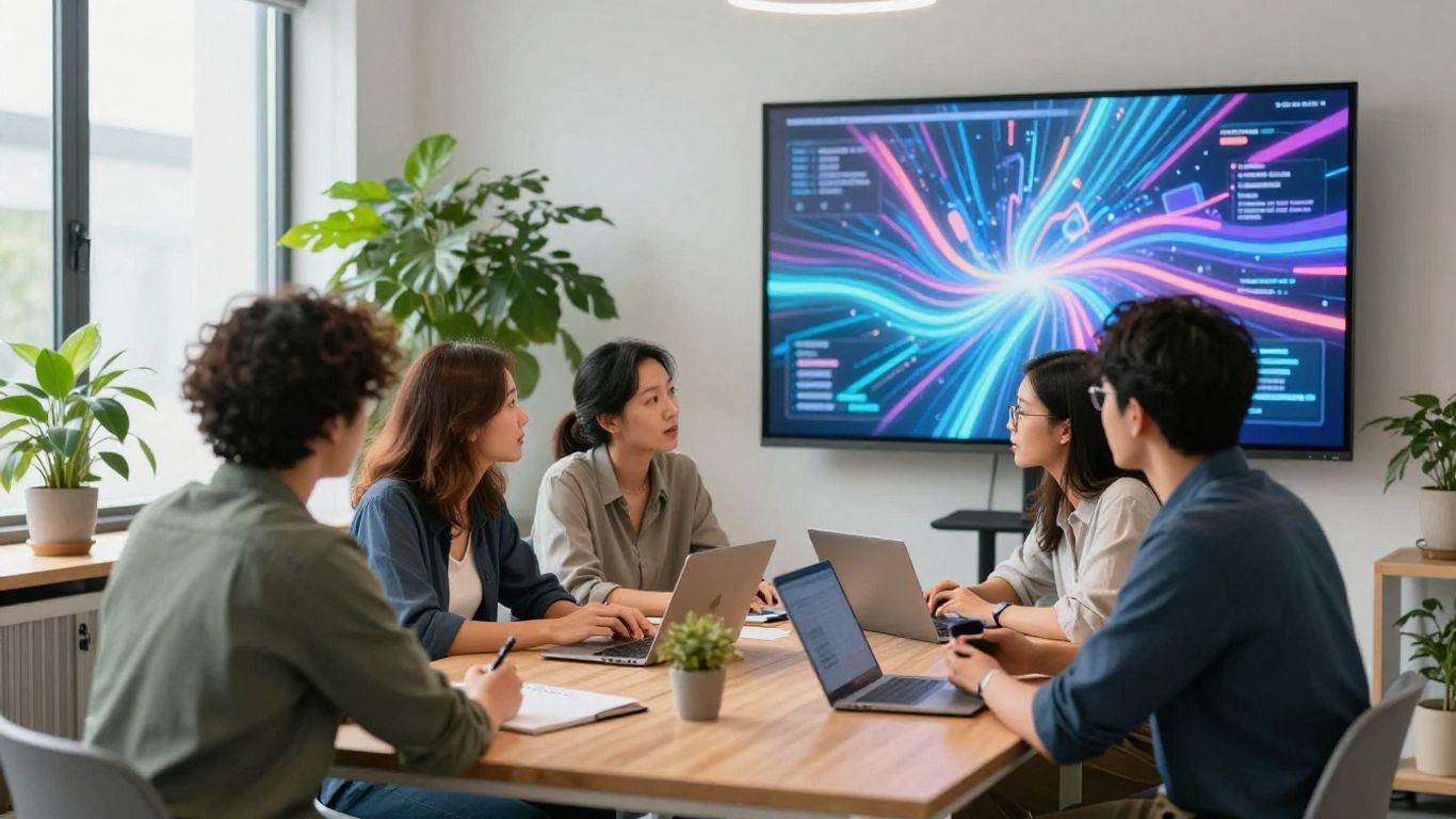 Team collaborating around a glowing screen with abstract data visualizations.