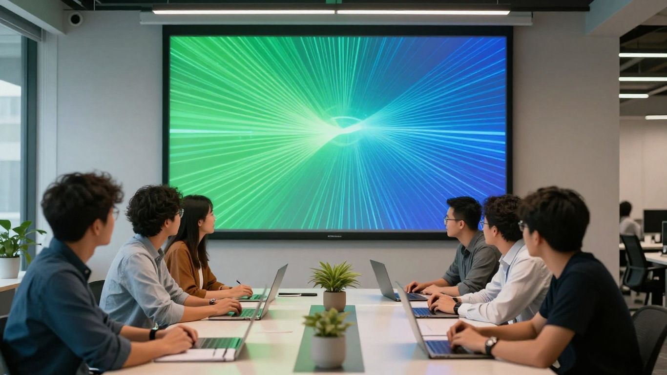 Team collaborating around a screen with abstract sustainability data.