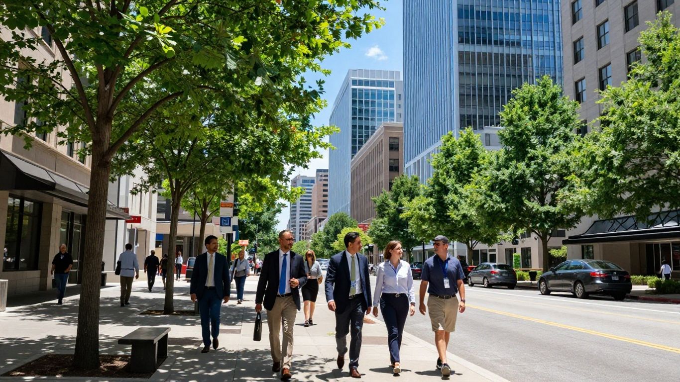 Denver skyline with professionals walking on a sunny day.