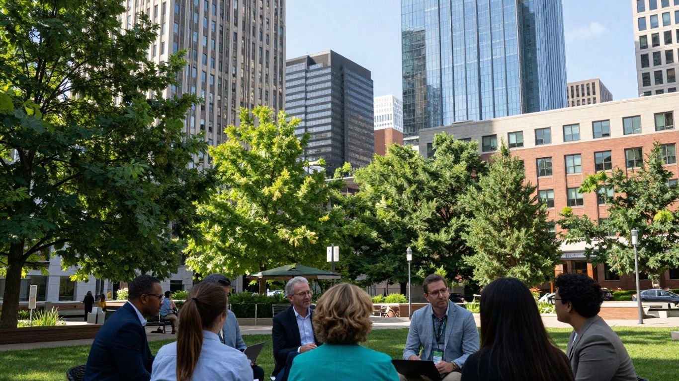 Denver skyline with professionals working outdoors.