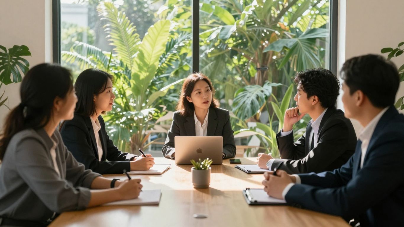 Professionals collaborating in a bright, modern meeting space.