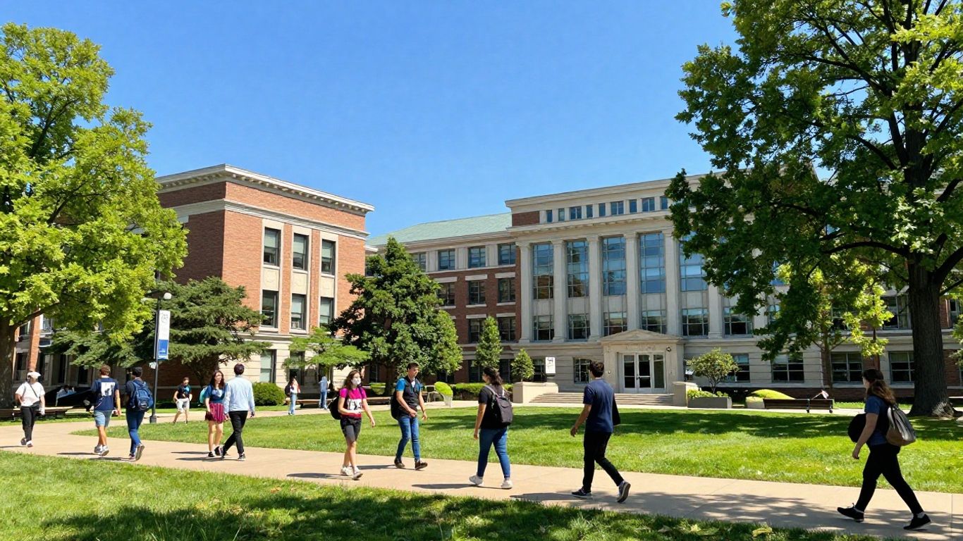 University campus with students and buildings
