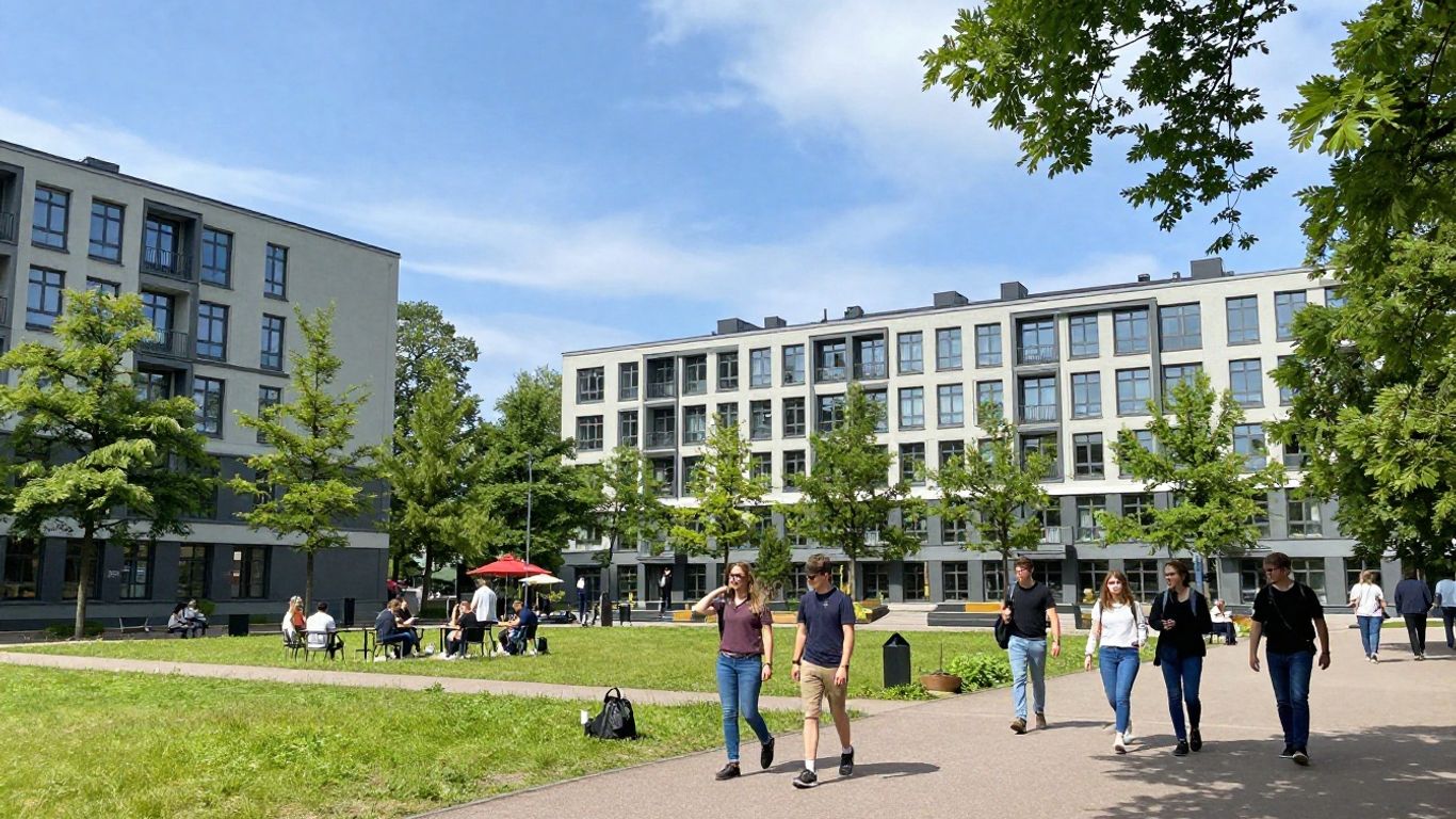 Linköping University campus with students and modern buildings.