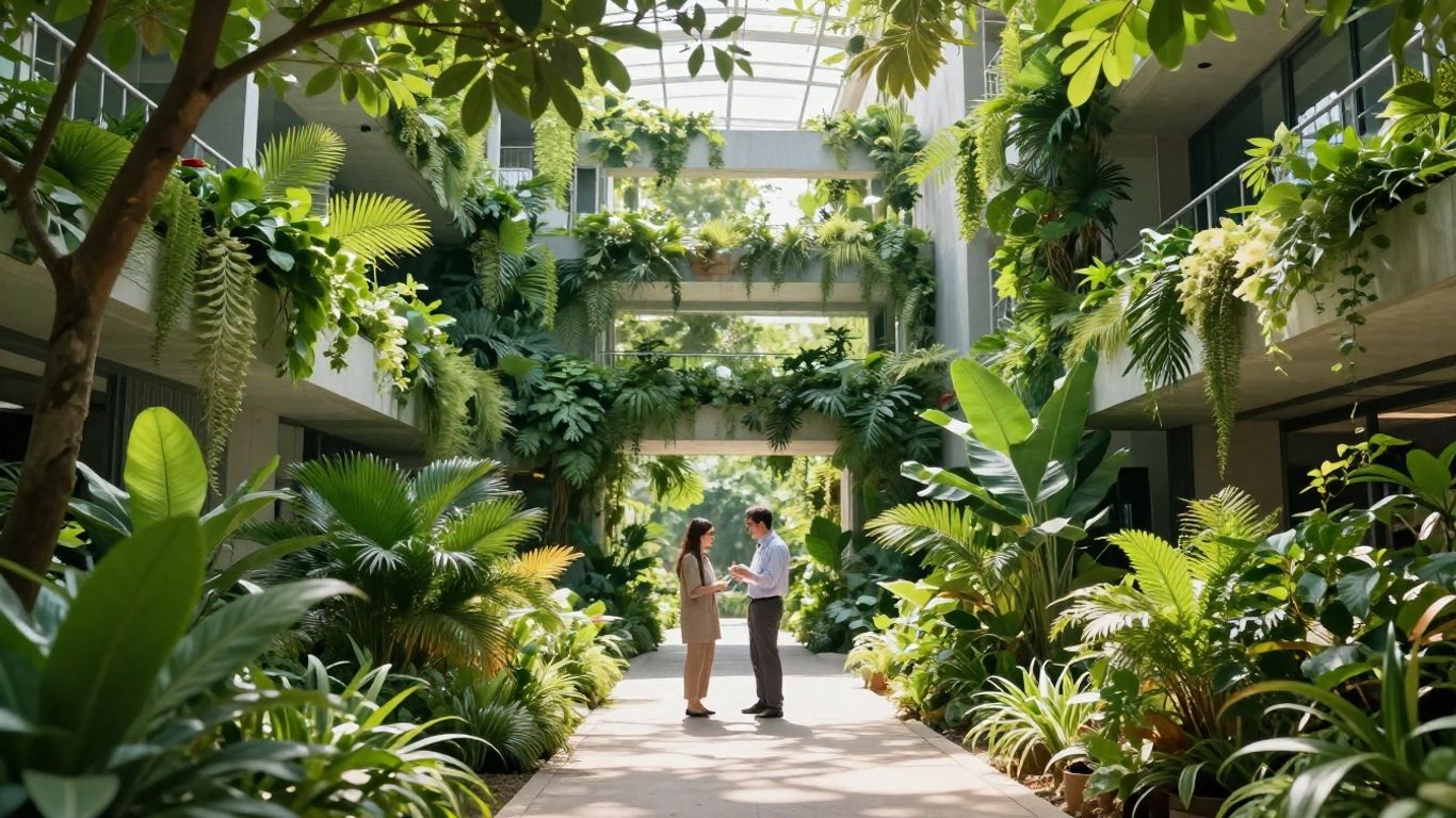 Greenery and modern architecture blend in a sustainable landscape.