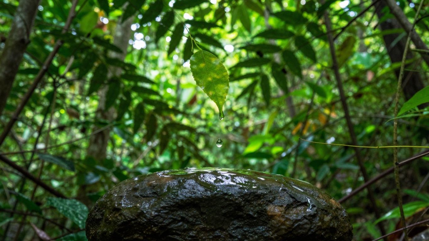 Green forest canopy with sunlight and a falling water droplet.