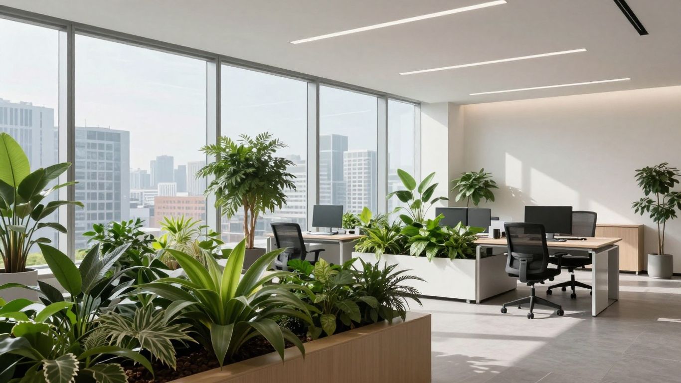 Modern office with plants and city view