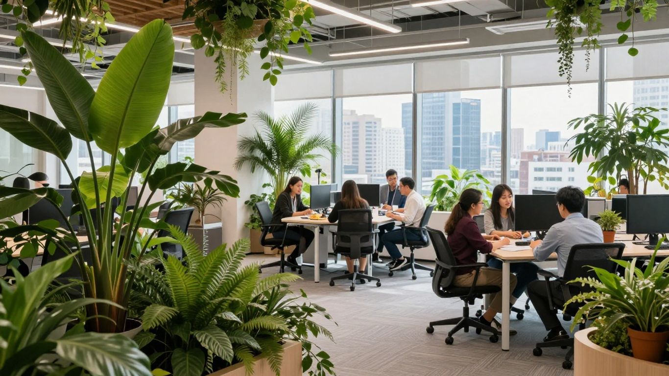 Greenly office interior with plants and city view