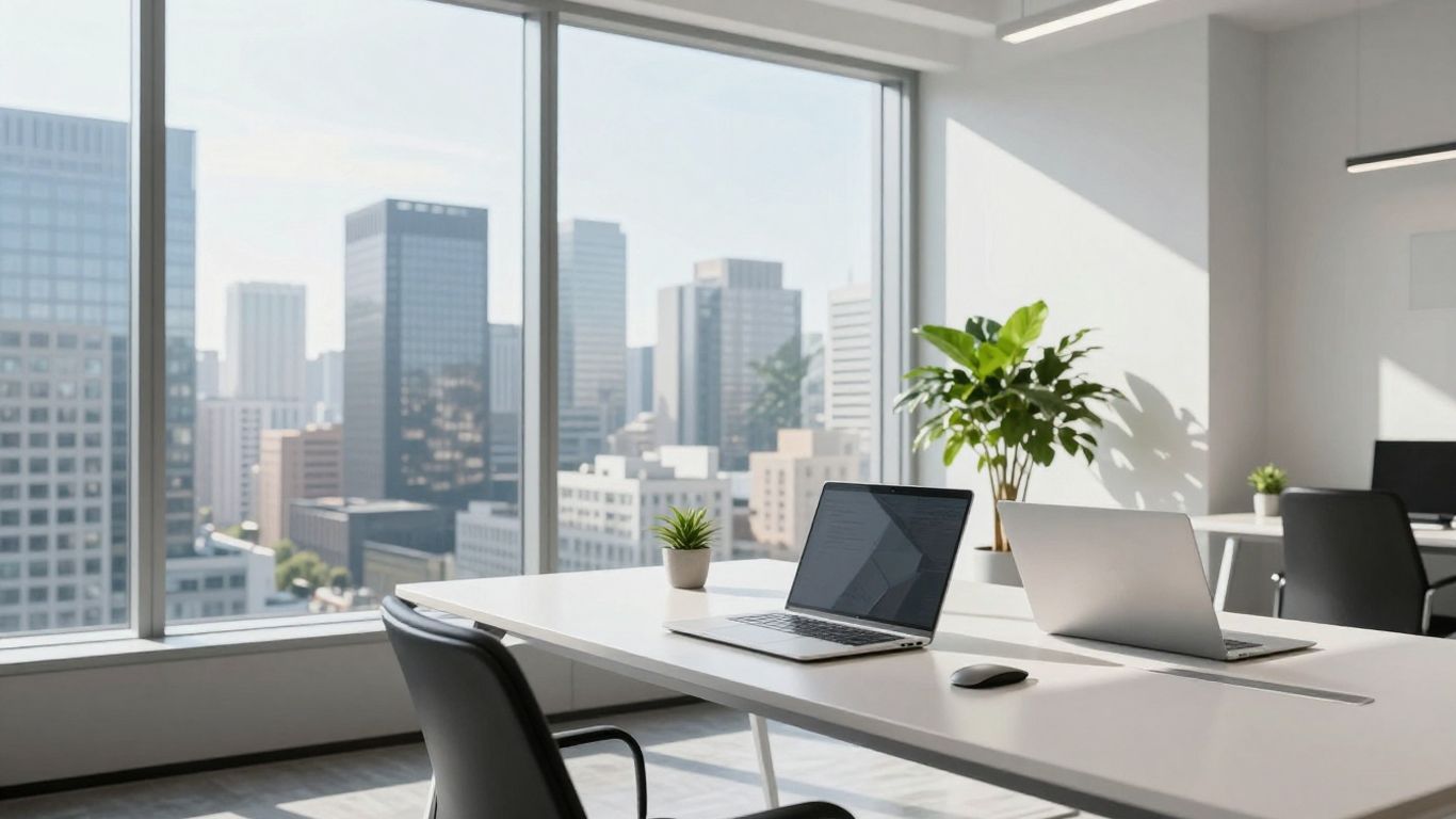 Modern office with cityscape view and minimalist desk.