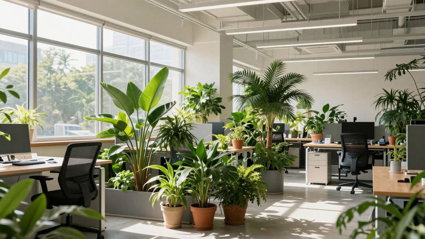 Modern office with plants and natural light.