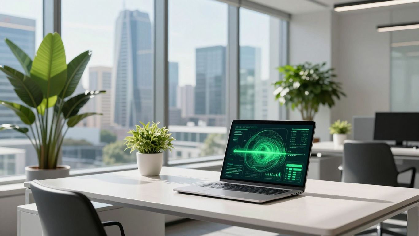 Modern office with futuristic cityscape view and green data.