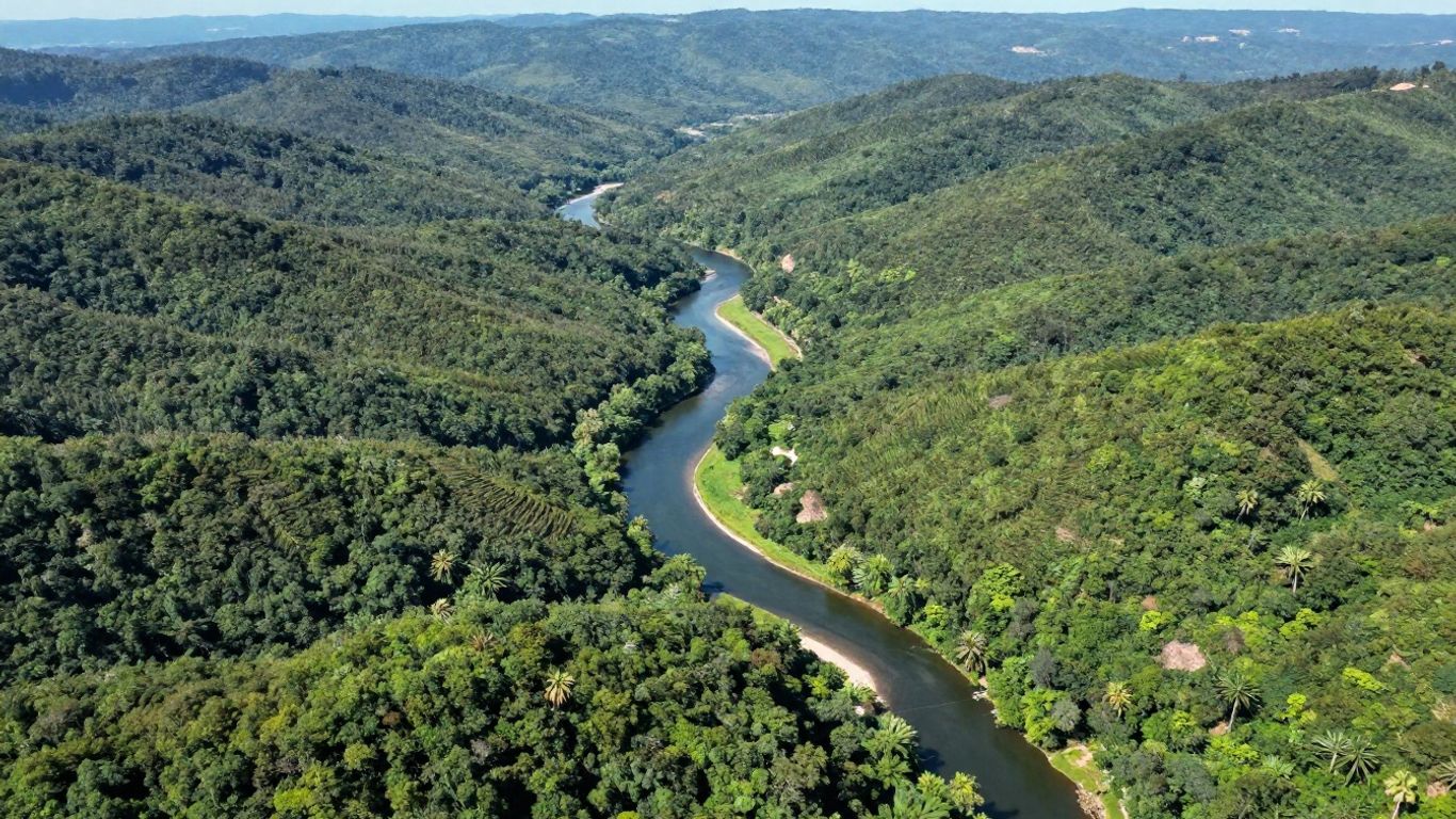 Aerial view of a vast watershed with a winding river.