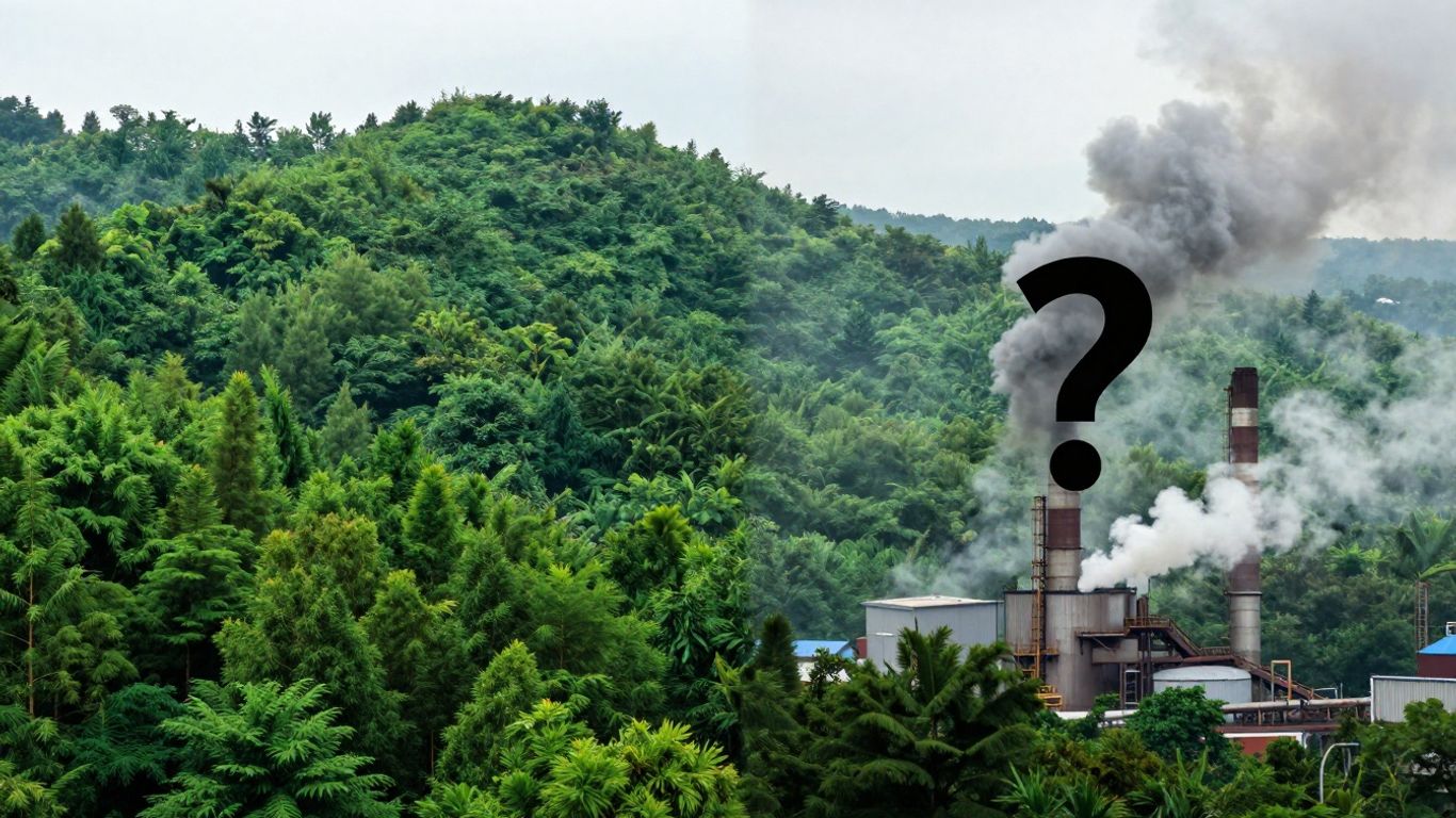Green forest contrasted with a smoking factory.