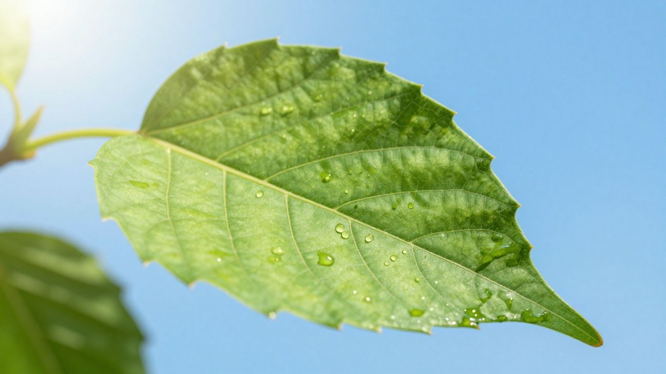 Green leaf against a blue sky with sunlight.