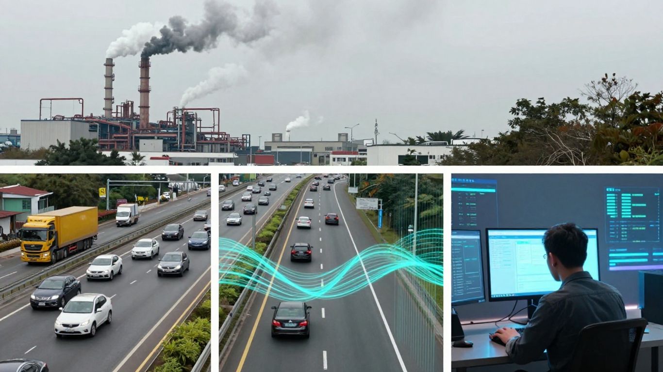 Factory, cars, and person with data streams.