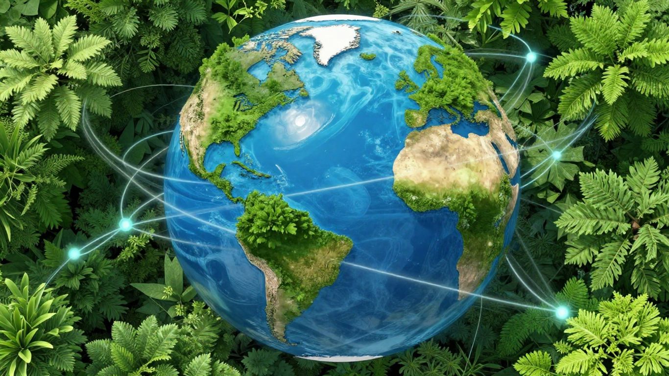 Abstract visualization of data streams and environmental elements.