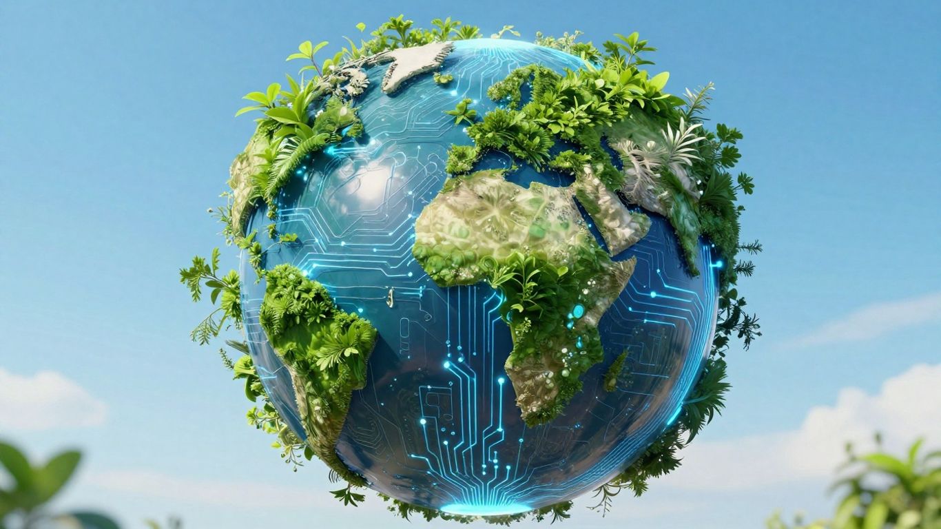 Abstract globe with green foliage and blue circuits.