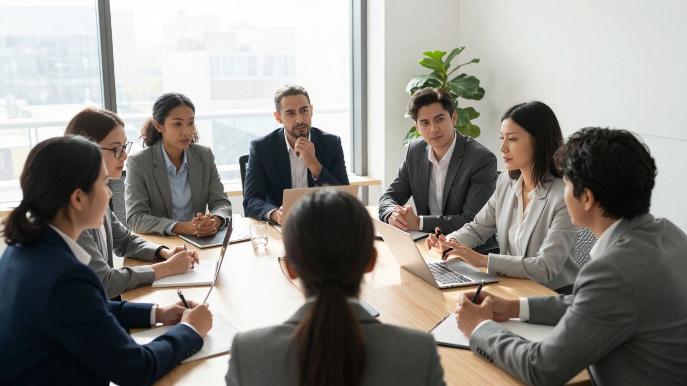 People collaborating in a bright, modern office.
