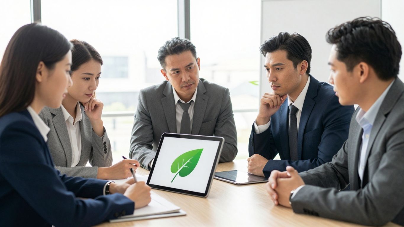 Professionals discussing sustainability management online courses.