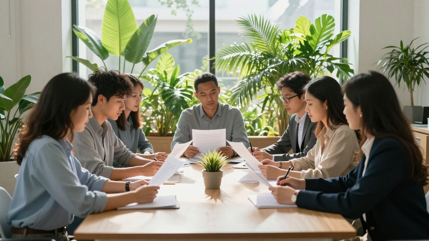 Professionals discussing sustainability in a modern office.