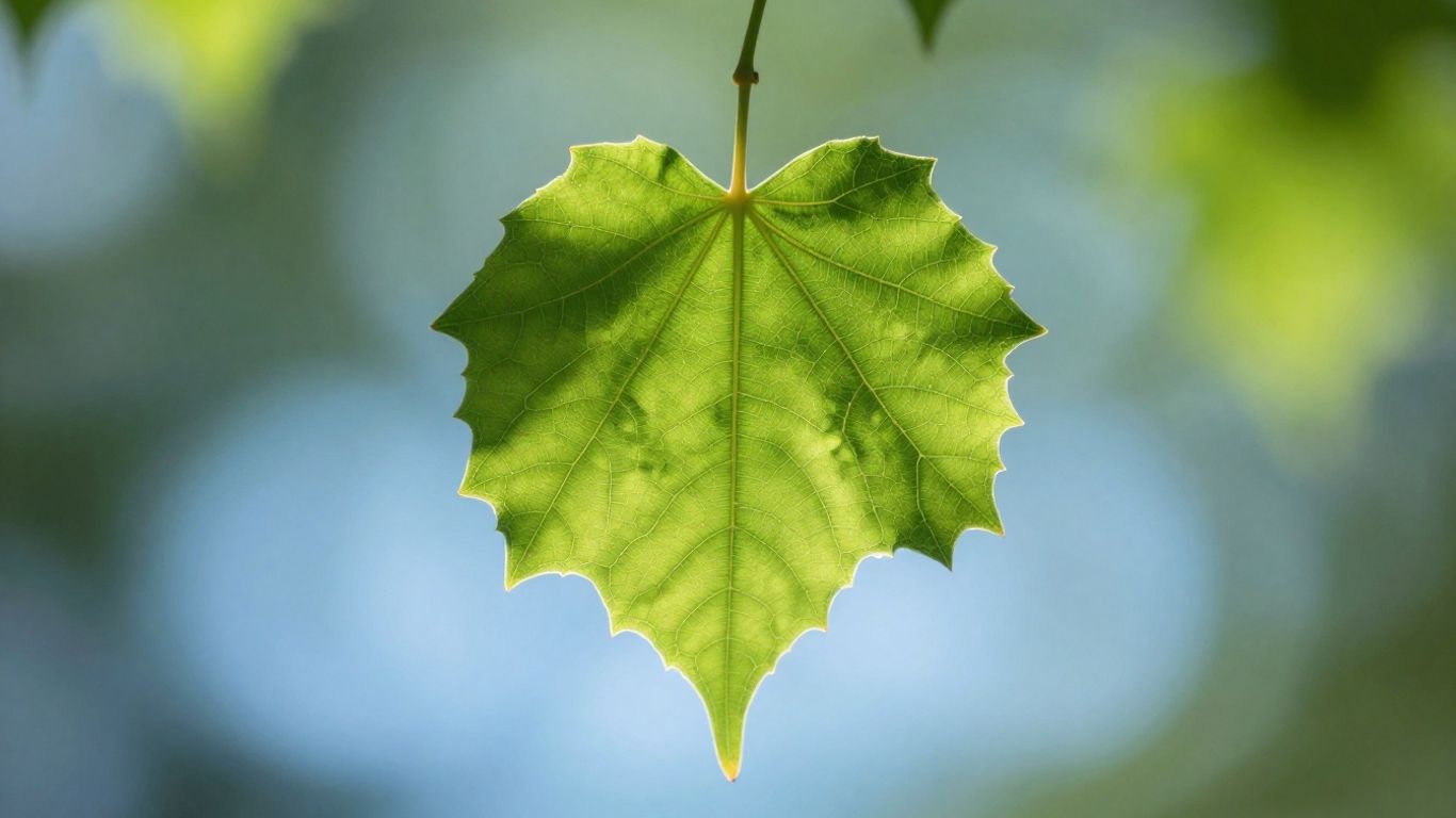 Green leaf with globe pattern, sunlight, nature background.