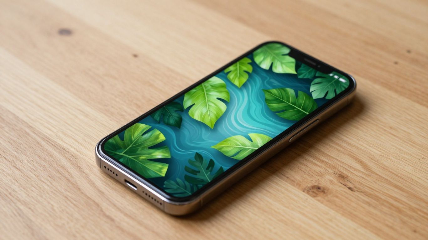 Smartphone screen showing green leaves and blue waves.