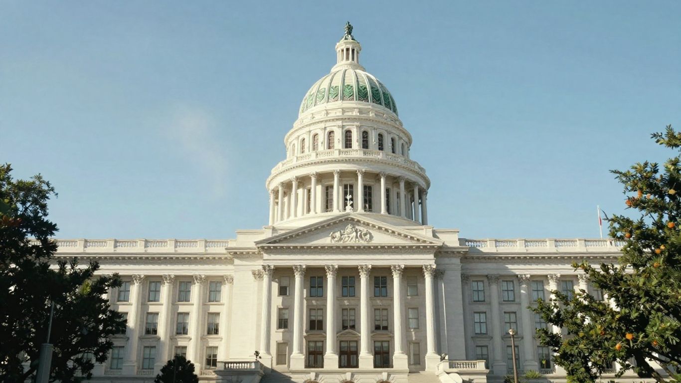California Capitol building with subtle green leaf and smoke elements.