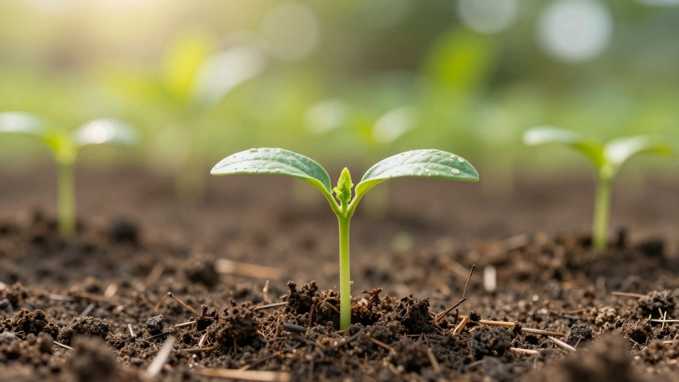 Seedling growing in soil with farm background