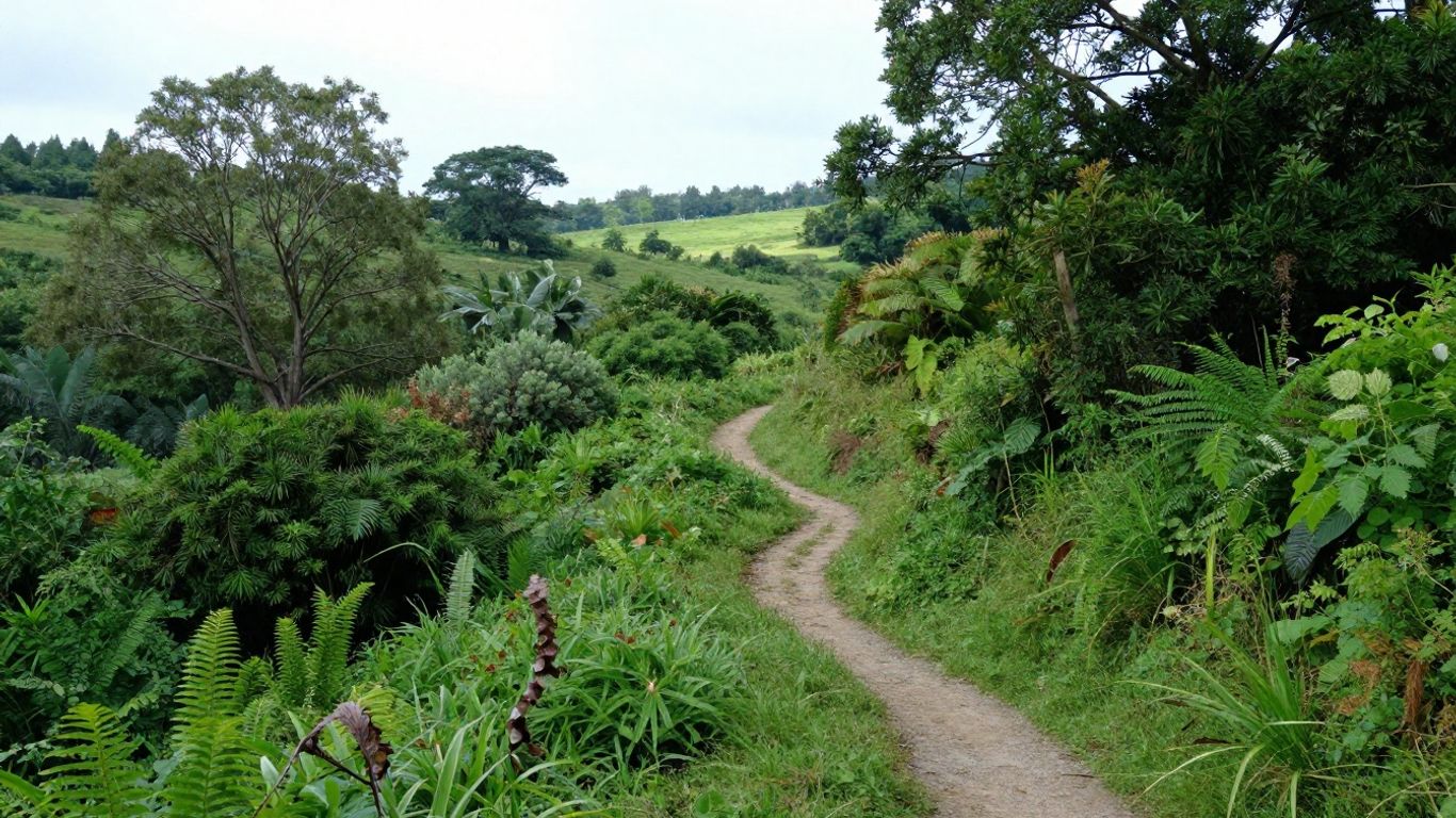 Green landscape with path and sunlit horizon.