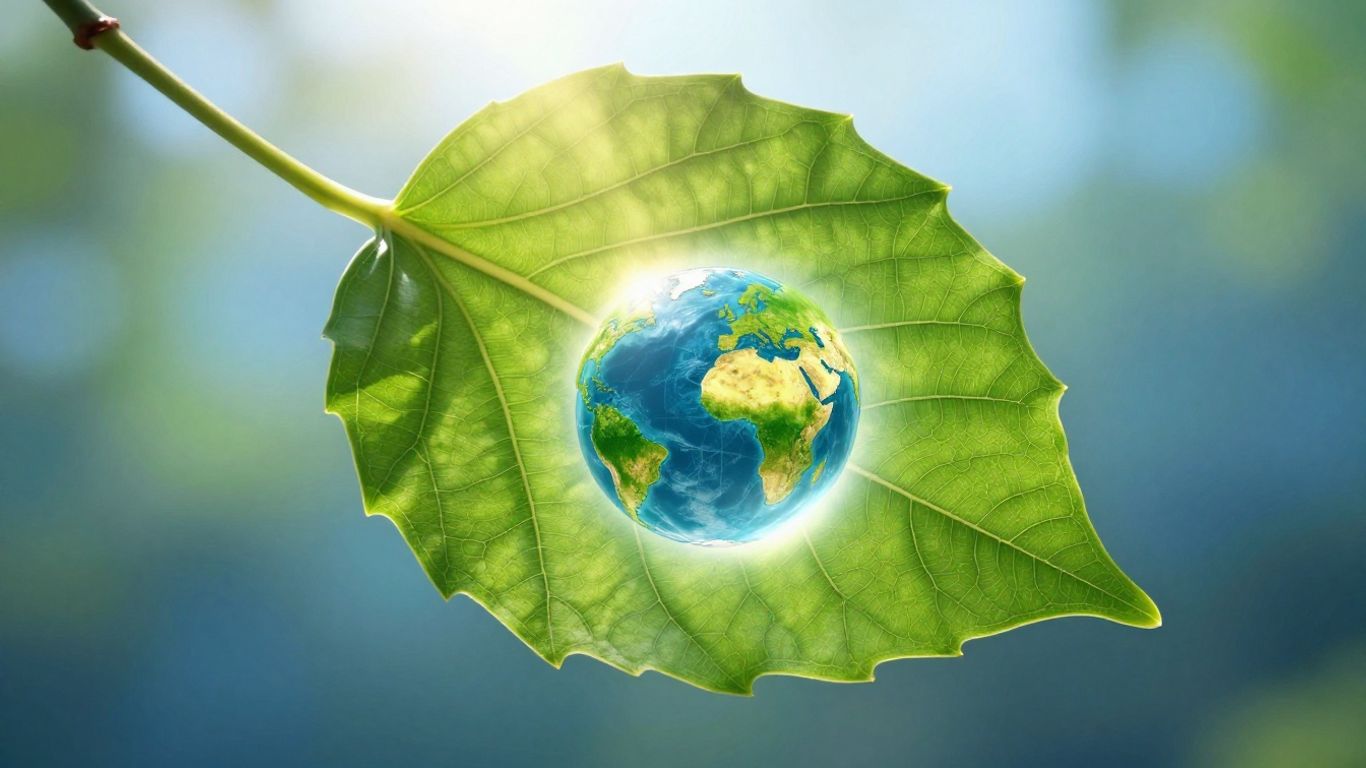 Green leaf holding a glowing Earth, symbolizing carbon neutrality.