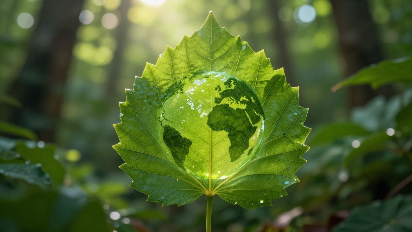 Green leaf holding Earth, sunlight, blurred forest background.