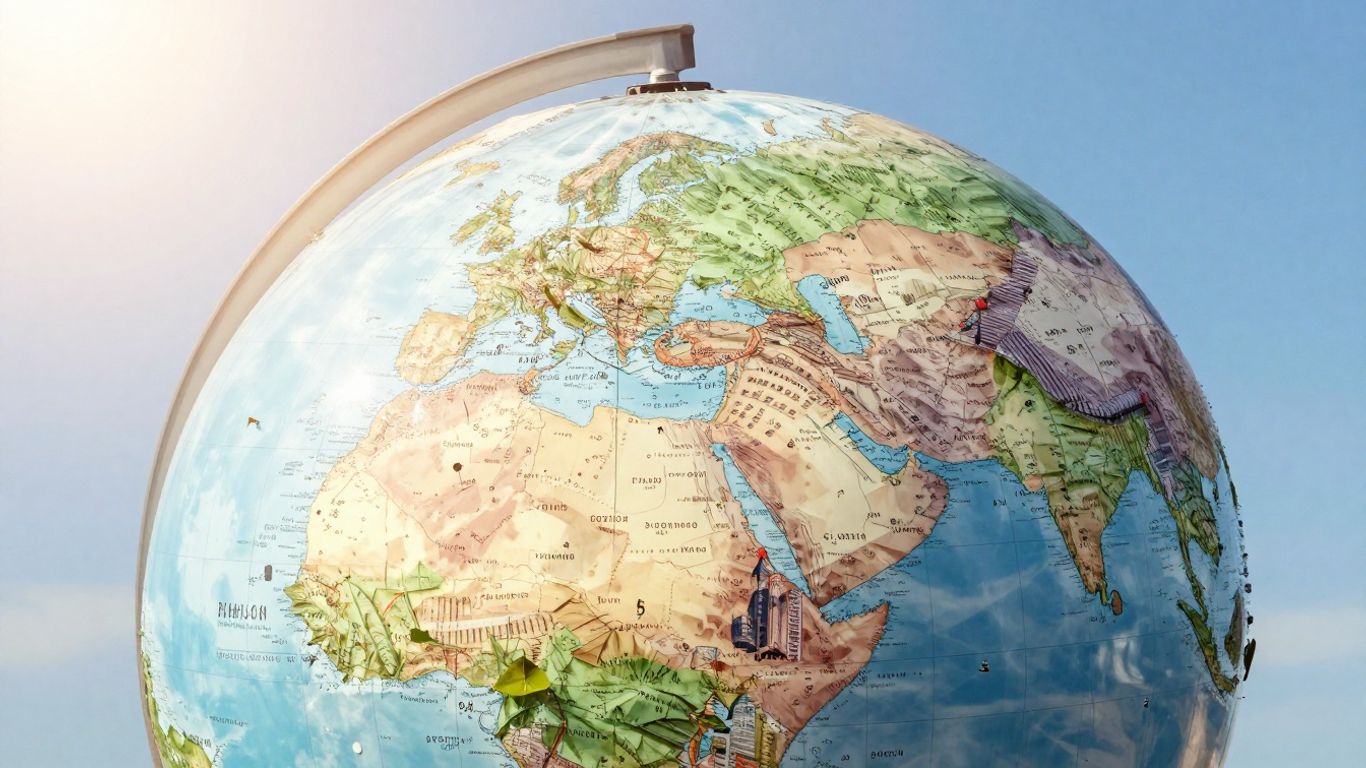 Global financial landscape with interconnected lines and buildings.
