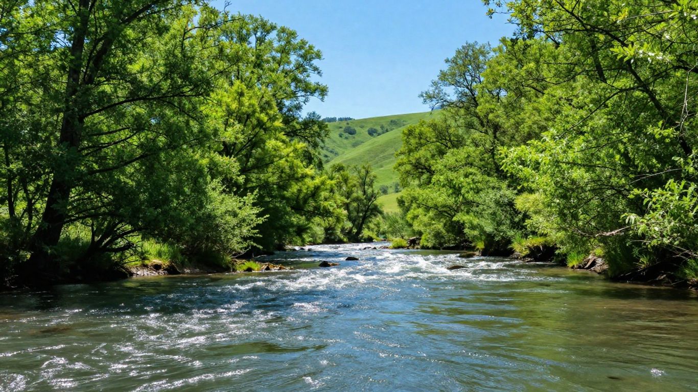 Green landscape with river and sunlight.