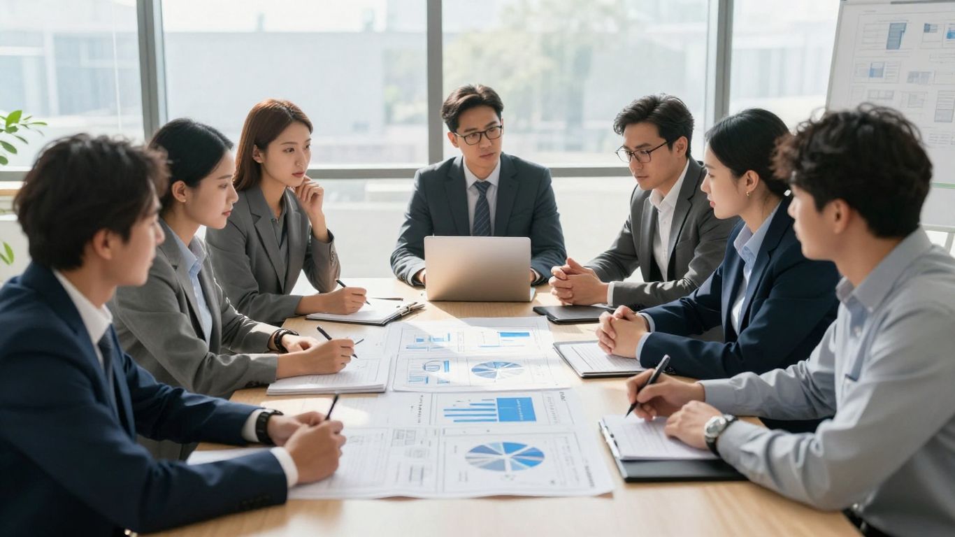 Business professionals discussing strategy around a table.