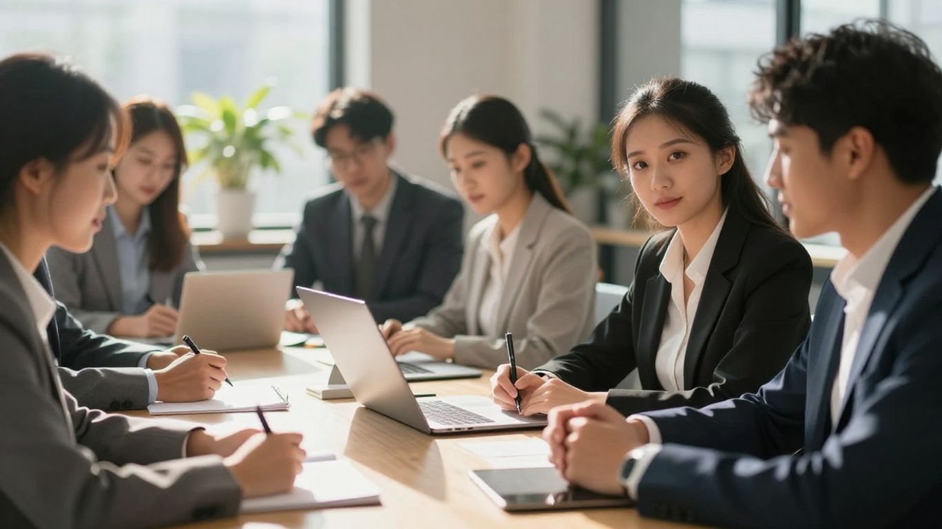 Business professionals collaborating in a modern office.