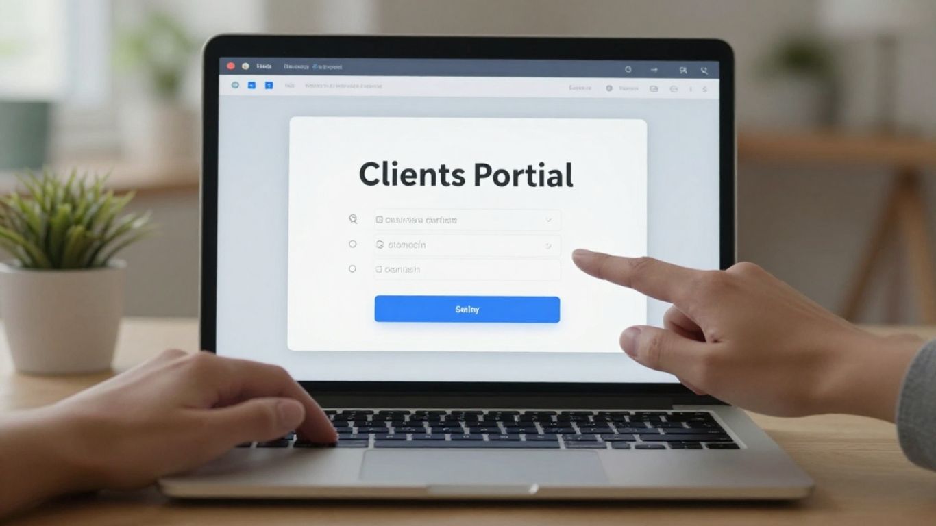 Client portal login screen on a laptop.