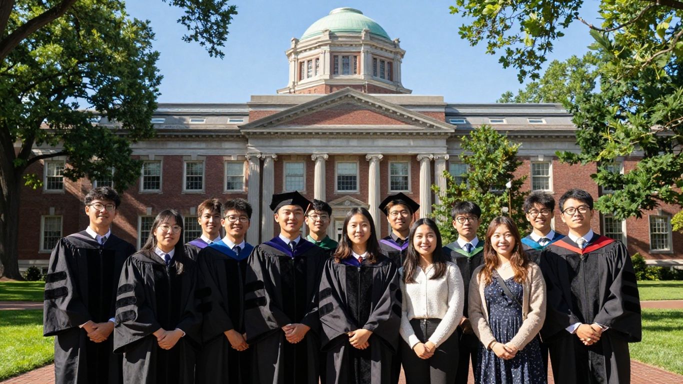 Harvard University campus with students in graduation attire.
