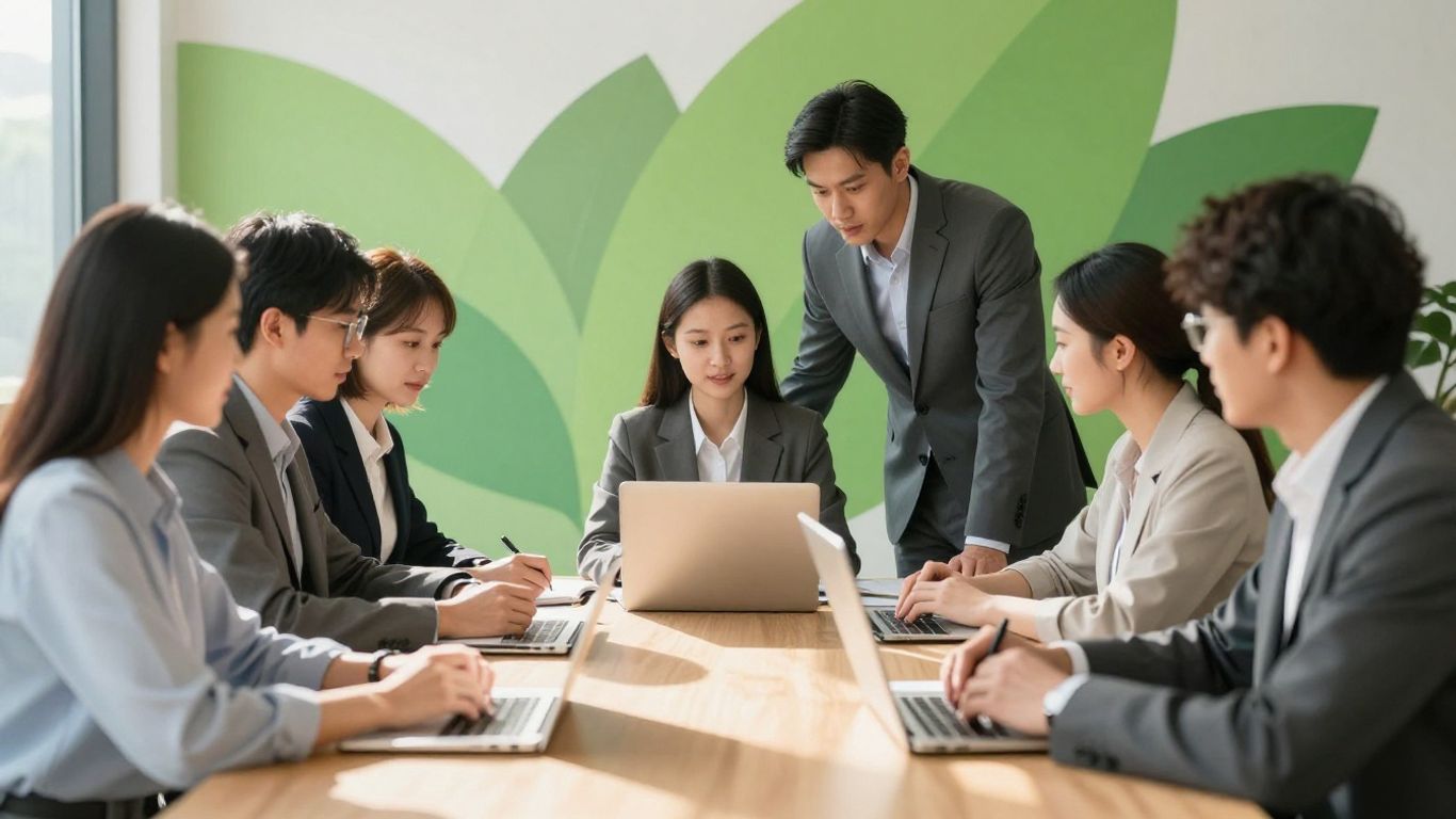 Business professionals discussing ESG improvements.