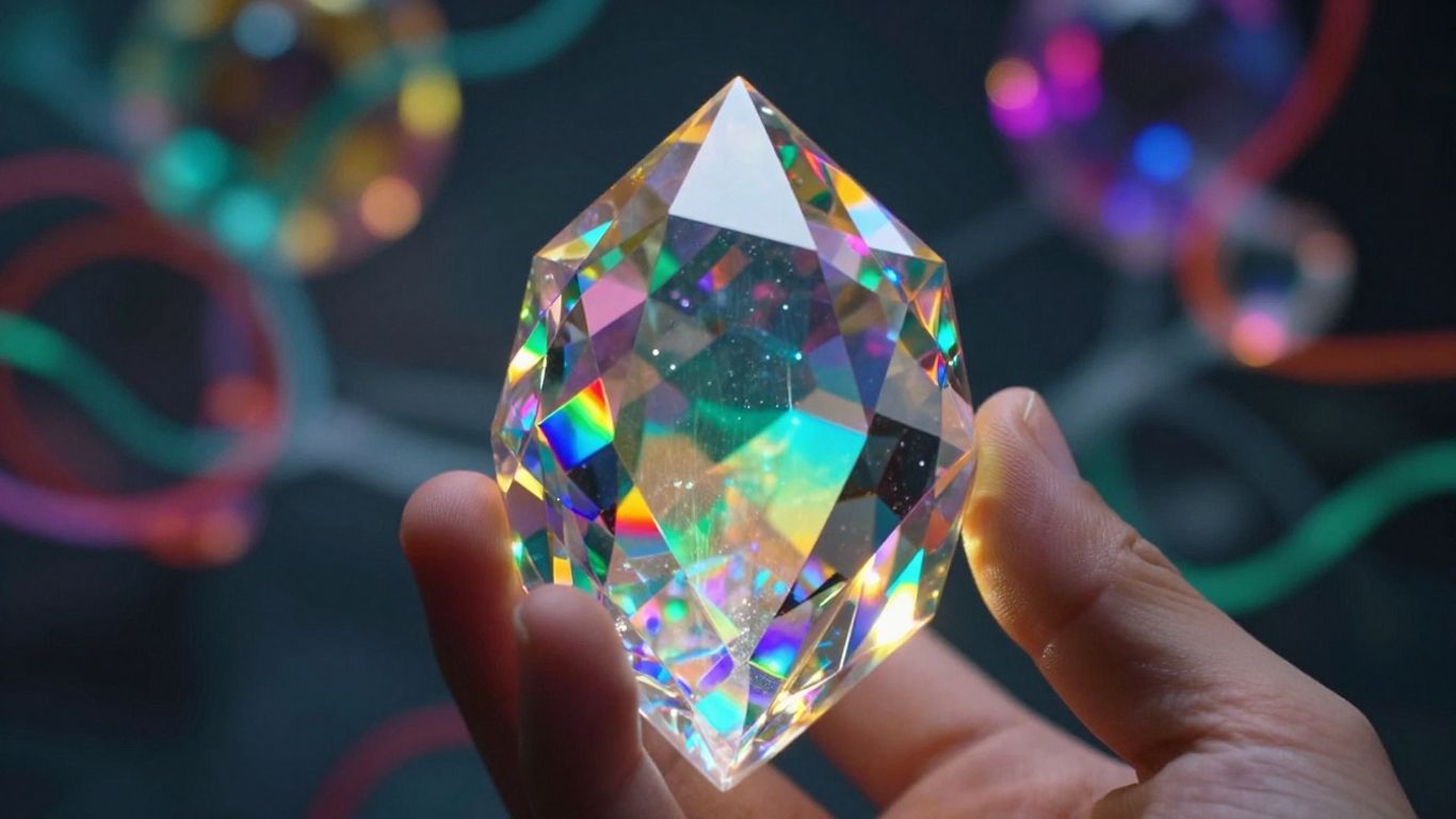 Glowing crystal with colorful light refractions.